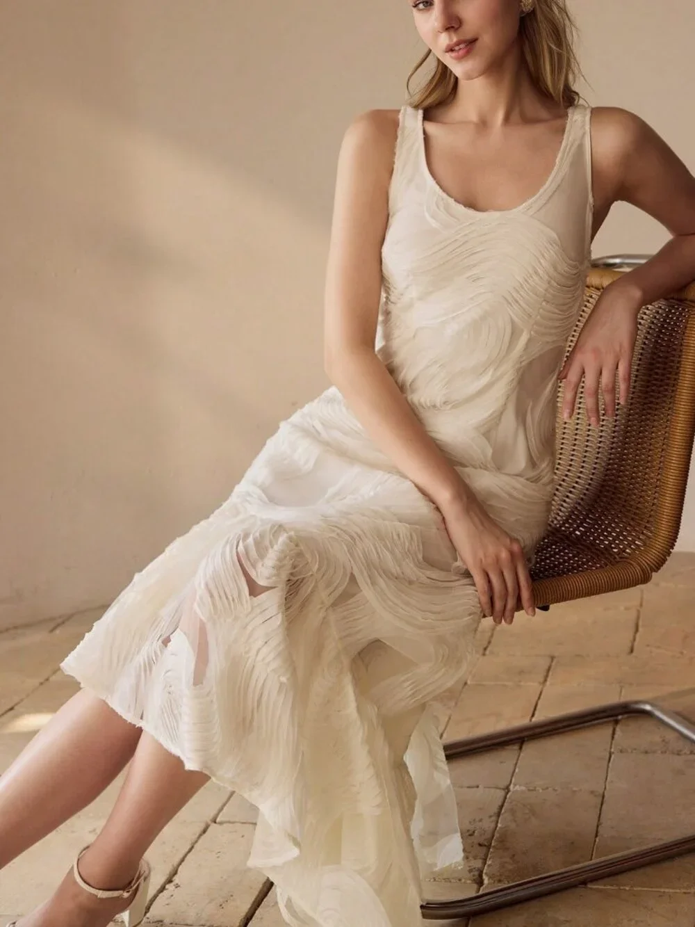 Apricot Elegant Asymmetrical Ruffle Hem Tie-Back Cinched Waist Women's Dress - Picture 6 of 7